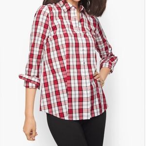 NEW Talbots Red Plaid Button Down Collard Long Sleeve 1X Shirt